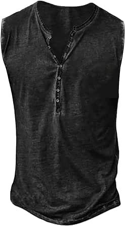 Mens Distressed Tank Tops Vintage Sleeveless Henley Shirts Casual Button Down Washed T-Shirts