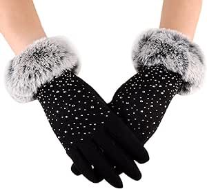 WPYYI Women Full Finger Gloves Thicken Winter Warm Touch Screen Mittens Female Sequin Cashmere Hand Warmer Outdoor (Color : Black, Size : One Size)