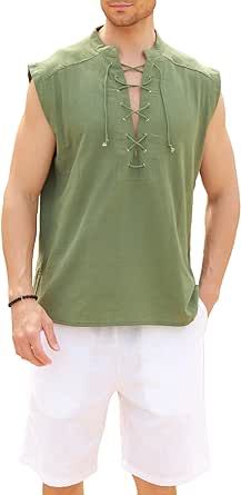 Renoholl Men's Cotton Tank Top Shirts Sleeveless Lace up Beach Shirts Hippie Tops Pirate Renaissance Viking Tunic