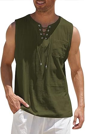 COOFANDY Men's Cotton Linen Tank Top Shirts Casual Sleeveless Lace Up Beach Hippie Tops Bohemian Renaissance Pirate Tunic