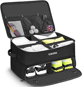 2 Layer Golf Trunk Organizer, Waterproof Car Golf Locker with Separate Ventilated Compartment for 2 Pair Shoes, Durable Golf Trunk Storage for Balls, Tees, Clothes, Gloves, Accessories, Golf Gifts