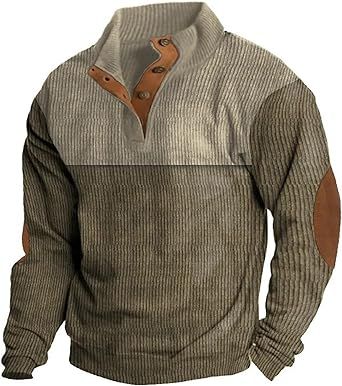 Parise Mens Fall Trendy Patchwork V Neck Corduroy T-Shirts Fitted Stand Collar Button Up Raglan Long Sleeve Pullover Polo Top