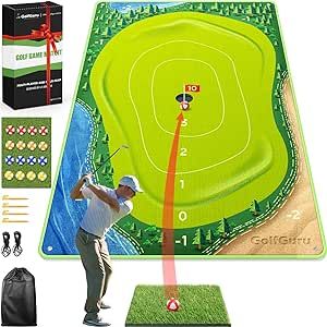 Golfguru Golf Chipping Game, 3 in 1 Golf Chipping Game Mat with Golf Mat, 16 Golf Balls, 4 Ground Stakes, Indoor Golf Game for Adults Kids, Golf Training Equipment, Golf Gifts Accessories for Men